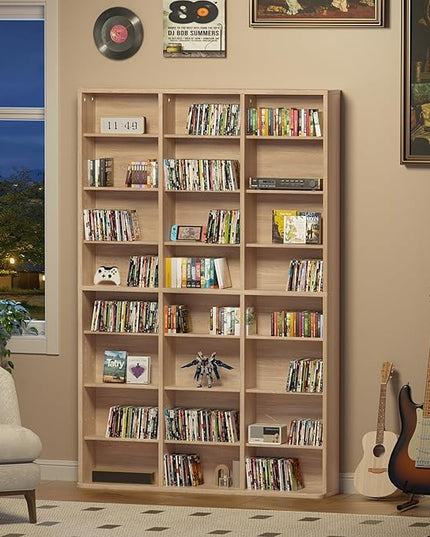 LELELINKY 8 Tier Tall Display Cabinet, Natural Media Storage Cabinet with Adjustable Shelves, Free Standing DVD Organizer Shelf, Floor multimedia storage manga bookshelf for Living Room & Home Office.