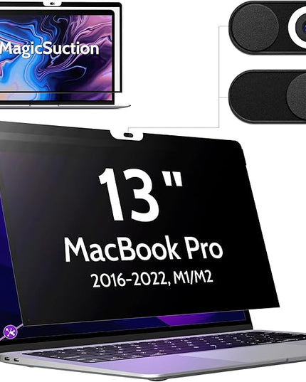 Peslv Privacy Screen for MacBook Pro 13 In (2016-2022, M1, M2) & MacBook Air 13 Inch (2018-2021, M1), MagicSuction™ Removable Anti Spy Black Protector, Glare Blue Light Filter for Mac Laptop Computer