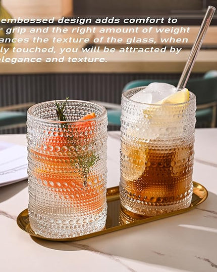 Hobnail Drinking Glasses with Straws 15oz Vintage Glassware Set of 6 Embossed Vintage Water Cups, Highball Glasses for Cocktail,Whiskey,Beer and Juic