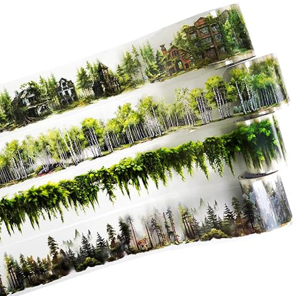 AuriicLeaf Forest Adventure Transparent PET Scrapbook Tape Set with Clip - 4 Rolls Tree and Landscape Scenery Design Stickers for Journals Planners Crafts and Gift Ideas