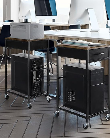YBING Computer Tower Stand PC Tower Stand with Storage Drawer Mobile CPU Holder Stand with Caster Wheels 2 Tier Rolling Computer Tower Cart for Home Office Fax, Rustic Brown