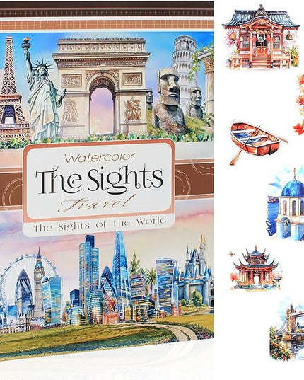 Dwpetzo Travel Scenery Scrapbook Stickers for Scrapbooking, Precut Landmark PET Washi Sticker Book for Journaling, Junk Journals Supplies, Planner, Crafts Arts, A5, 20 Sheets
