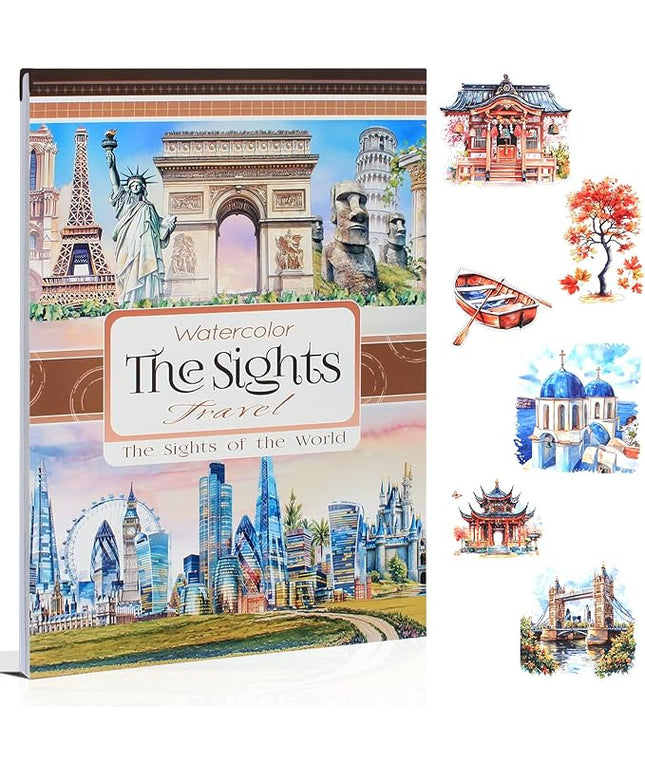 Dwpetzo Travel Scenery Scrapbook Stickers for Scrapbooking, Precut Landmark PET Washi Sticker Book for Journaling, Junk Journals Supplies, Planner, Crafts Arts, A5, 20 Sheets