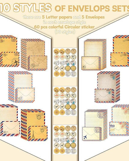 TaoBary 160 Pcs Stationery Paper Set 50 Double Sided Stationery Papers with 50 Matching Envelopes and 60 Round Dot Sticker, 10 Design(Vintage Airmail,5.5 x 8.25 Inch)