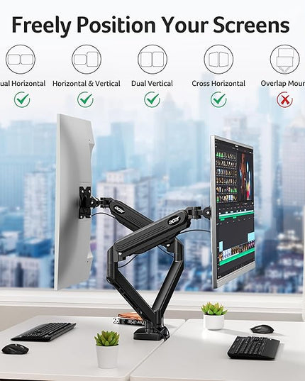 Acer Dual Monitor Arm, Computer Desk Arm with VESA Mounts for 17–32″ Screens, Fully Adjustable Gas Spring Monitor Stand, C-Clamp and Grommet Mounting Base, Fits 4.4 to 19.8lbs Computer Monitors