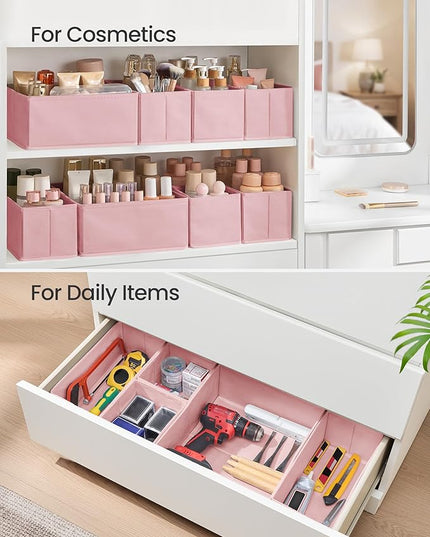 SONGMICS Drawer Organizers, Dresser Divider Organizers, Set of 12, Foldable Fabric Storage Boxes for Socks, Underwear, Bras, Ties, Scarves, Jelly Pink URDZ006R01