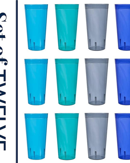US Acrylic Café Plastic Reusable Tumblers (Set of 12) 32-ounce Iced-Tea Cups, Coastal | Value Set of Restaurant Style Drinking Glasses, Stackable, BPA-free, Made in the USA | Top-rack Dishwasher Safe