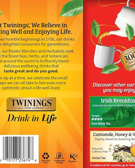 Twinings English Breakfast Black Tea Individually Wrapped Bags, 100 Count (Pack of 1), Smooth, Flavourful, and Robust, Caffeinated, Enjoy Hot or Iced, 100 Teabags