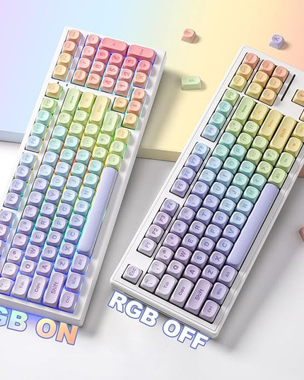 YUNZII 140 Keys MOA Keycaps, Dye-Sublimation PBT Custom Keycap Set for MOA Profile, Cute Rainbow Candy Keycap for MX Switches Mechanical Gaming Keyboard(Rainbow)