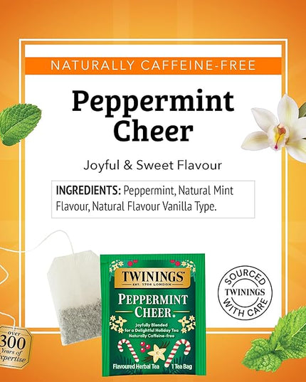 Twinings Peppermint Cheer Herbal Tea Individually Wrapped Bags, 20 Count (Pack of 2), Peppermint & Vanilla, Naturally Caffeine-Free, Enjoy Hot or Iced, 20 Teabags