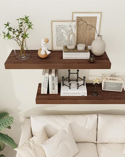 Floating Shelves 36 Inch Long, 12 Inch Deep Floating Shelves for Wall, 36 x 12 Shelves for Wall Storage & Display, 2" Thick Floating Shelf for Bathroom, Living Room, Bedroom, Walnut Color, Set of 2
