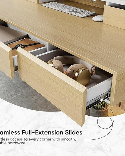 ErGear Electric Standing Desk with 5 Solid Wood Drawers, 48 x 26 Inches Whole Piece Desktop, with Desktop Riser Stand, Compatible with C-Clamp Monitor Arms, Modern Office Desk, Light Walnut