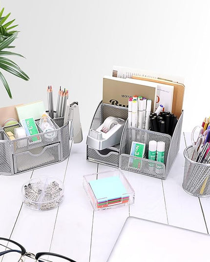 17 in1 Silvery Desk Organizers and Accessories Set, 3 Office Desk Supplies Storage Organization, 4 Pens, Stapler, Staples & Remover, Tape & Dispenser, Scissors, Ruler, Clips, Hole Punch Back to School