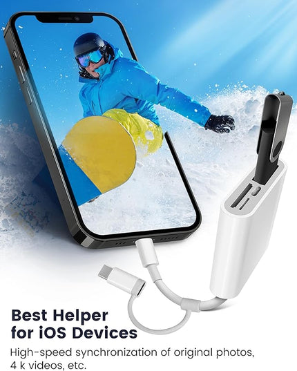 SD Card Reader for iPhone iPad, 4 in 1 Micro SD/SD Card Reader to iPhone Adapter, SD Card Viewer with TF/SD Dual Slot, Portable Camera Memory Card Reader for iPhone with Charging Port, Plug and Play
