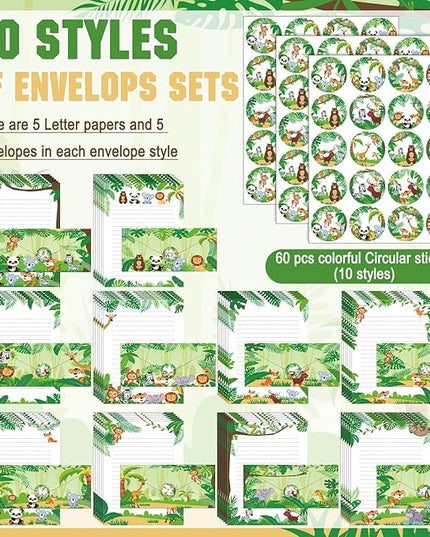 TaoBary 160 Packs Stationery Paper Set (50 Double Sided Stationery Writing Papers 50 Matching Envelopes) 60 Round Dot Sticker, 10 Design(Safari Animal,8.5 x 11 Inch)