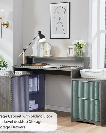 JXQTLINGMU 67" Modern L Shaped Desk with Storage Cabinet & Drawers, Wood Home Office Desk with Power Outlets, Fluted Computer Writing Desk, Grayish Green