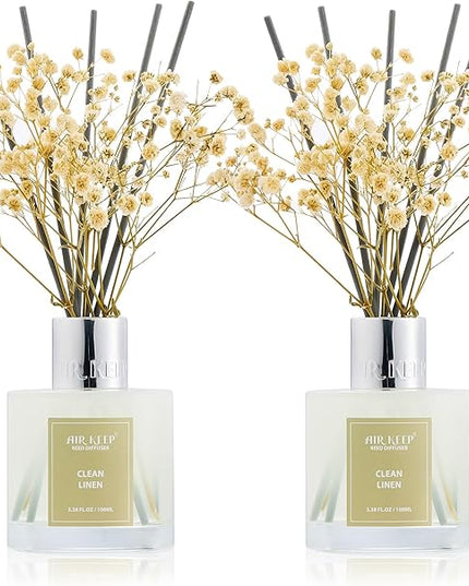 Airkeep Reed Diffuser 3.38 oz (100ml) 2pk, Clean Linen Scented Reed Diffuser Set,Reed Diffuser & Oil Diffuser Sticks, Aromatherapy, Airkeep Reed Diffuser Set Box 2-Clean Linen