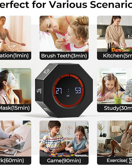 Rechargeable Pomodoro Timer, 8-Angle Auto-Rotating Screen with Gravity Sensor, Digital Timers for Classroom, Small Kitchen Timers for Cooking, Work and Study (Space Gray)