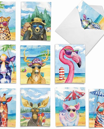 The Best Card Company Assorted Funny Wildlife Watercolor Blank Greeting Card Box Set - Incl. 10 Unique Notecards Designs + Envelopes for Thank You, Invitations - Animal's Day Off AM6670OCB-B1x10