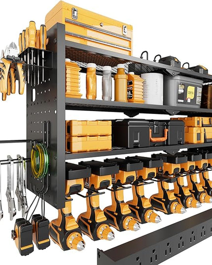 Power Tool Organizer Wall Mount with Charging Station, Heavy-Duty Metal Garage Tool Storage Rack & 8 Outlet Power Strip, 33 Inch Long 4 Tier Shelves for Workshop Organization
