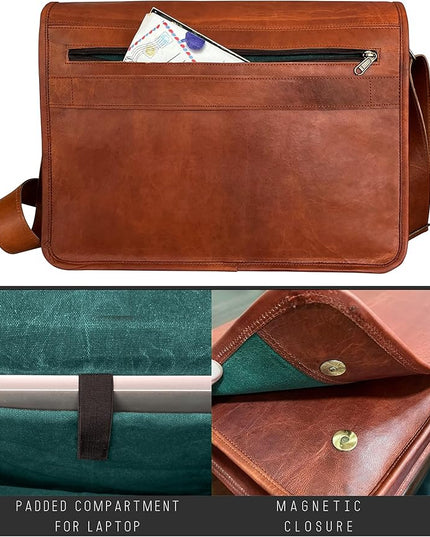 RUSTIC TOWN 14" Leather Messenger Bag for Men & Women – Full Grain Vintage Crossbody Satchel – Fits 13.3"/14" Laptop – Ideal Briefcase for Work, Travel & College – Adjustable Shoulder Strap