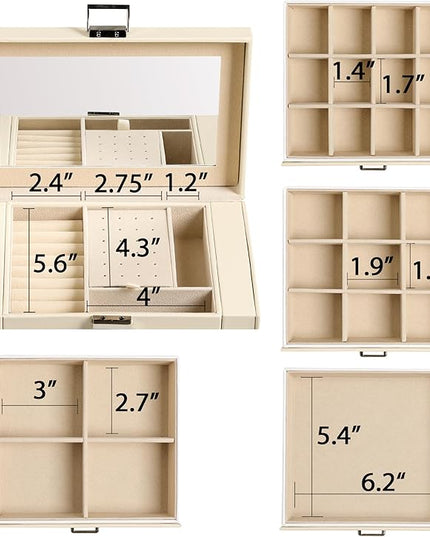 Frebeauty 5-layer Jewelry Box,Faux Leather Jewelry Organizer with 4 Drawers,Jewelry Organizers and Storage with Mirror,Jewelry Holder Organizer for Necklace,Jewerly Boxes for Women Girls(Beige)