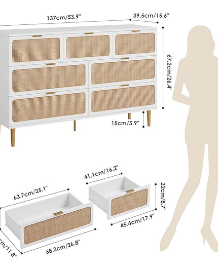 Garvee Rattan Dresser with 7 Drawers, Tall Modern Closet with Deep Storage, Large Chest of Drawers with Wide Top, Long Wooden Dresser for Bedroom, Living Room, Hallway, Kids Room, White