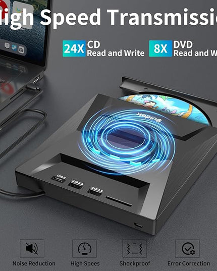 External CD DVD Drive for Laptop, USB C Portable CD/DVD +/-RW Burner DVD Player with SD Card Reader USB 3.0 Type C Hub Compatible with Laptop PC Windows Linux
