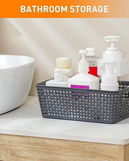 Plastic Storage Baskets With Lid, Storage Bins for Organizing, Stackable Decorative Containers for Shelves Drawers Desktop Closet Playroom Classroom Office, 8 Pack-Grey