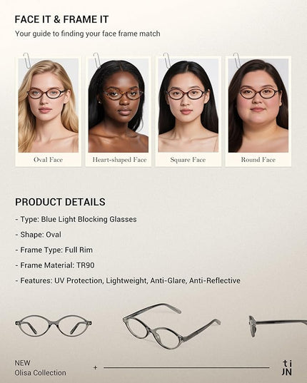 TIJN Olisa Blue Light Blocking Glasses for Women Men,Oval Glasses Frame Bluelight Glasses for Gaming/Computer/Screen