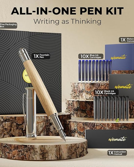 WEMATE Fountain Pen Set, Fine Nib, 20PCS 2.6MM Ink Cartridges(10 Black&10 Blue), 1 Ink Converter, Smooth Writing, No Skips, Nice Gift for Men, Women, Cool Wood Fountain Pen for Writing, Calligraphy