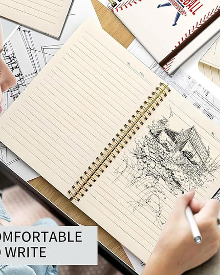 Spiral Journal Notebook, A5 Cute Notebooks for Women Men, College Ruled Hardcover Notebook for Work & Note Taking, 60 Pages Double-Wire Journals for Writing (Baseball)