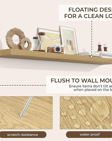 RICHFOCUS 72Inch Floating Shelves for Wall 2 Pack Shelves for Bedroom|Kitchen|Bathroom Wall Mounted Rustic Wood Floating Shelf with Invisible Brackets for Books|Storage|Decor, Oak