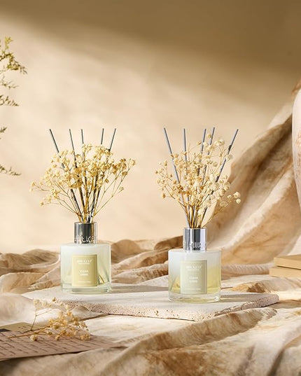 Airkeep Reed Diffuser 3.38 oz (100ml) 2pk, Clean Linen Scented Reed Diffuser Set,Reed Diffuser & Oil Diffuser Sticks, Aromatherapy, Airkeep Reed Diffuser Set Box 2-Clean Linen
