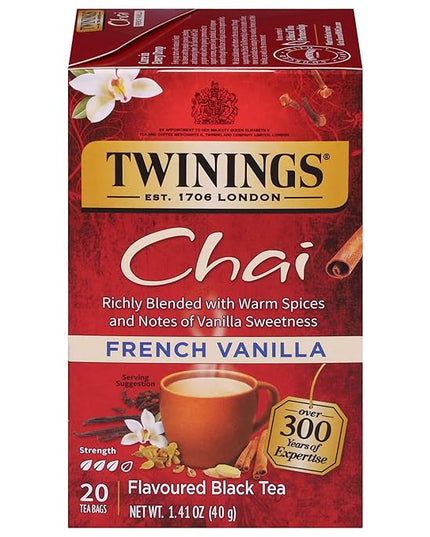 Twinings French Vanilla Chai Black Tea Individually Wrapped Bags, 20 Count (Pack of 1), Warm, Sweet & Spicy, Caffeinated, Enjoy Hot or Iced, 20 Teabags