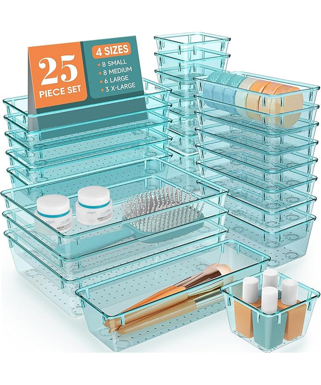 WOWBOX 25 PCS Plastic Drawer Organizer Set, 4 Sizes Desk Drawer Divider Organizers and Storage Bins for Makeup, Jewelry, Gadgets for Kitchen, Bedroom, Bathroom, Office, Sea Blue