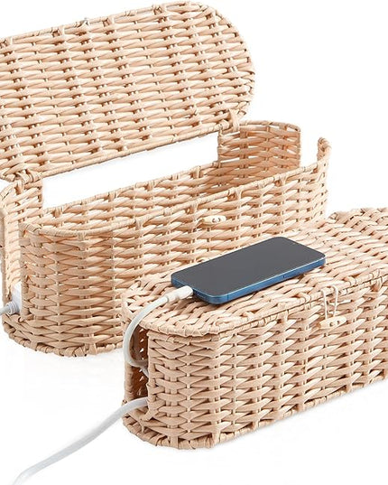 FairyHaus Cable Management Box 2Pack Cream, Handwoven Large and Small Cable Organizer Box Cover to Hide Cords and Power Strip, Imitation Wicker Cord Organizer Box Hider for Office Desk and Floor