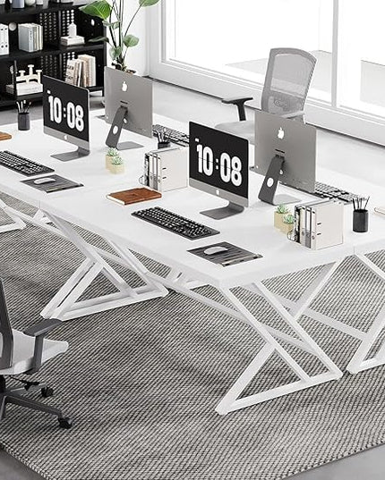 LVB Modern White Computer Desk, Long Industrial Home Office Desk for Student, Large Metal Wood Writing Study Work Desk, Farmhouse Executive Gaming Computer Table for Bedroom Living Room, White, 60 in