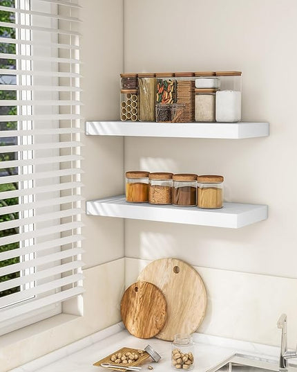RICHFOCUS 24Inch Floating Shelves for Wall 2 Pack Shelves for Bedroom|Kitchen|Bathroom Wall Mounted Rustic Wood Floating Shelf with Invisible Brackets for Books|Storage|Decor, White