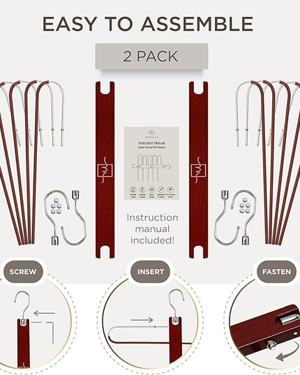 MORALVE Pants Hangers Space Saving - 2 Pack European Beechwood Scarf and Jean Hangers - Closet Organizer and Space Saver Pant Rack, Leggings Hanger, and Scarf Holder with 360° Swivel Hook