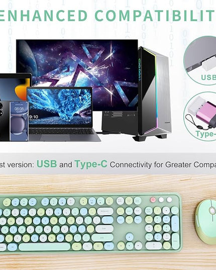 Wireless Keyboard and Mouse Combo, Ergonomic Full Size Typewriter Retro Round Keycaps Keyboard, Compatible with Windows, PC, Perfer for Home and Office Keyboards (Green