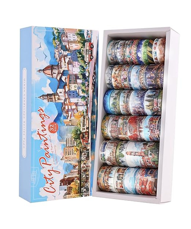 32 Rolls Vintage Washi Tape Set, European Cityscapes with Architectures & Scenery, Writable Decorative Tapes for Scrapbooking, Junk Journal Bullet Journal Supplies 8-50mm Wide, Artistic Adhesive Tape