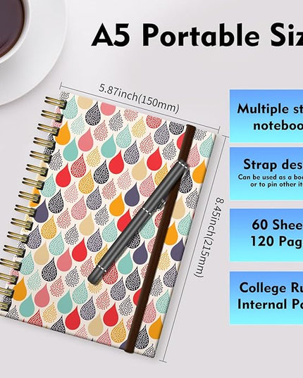 Spiral Journal Notebook, A5 Cute Notebooks for Women Men, College Ruled Hardcover Notebook for Work & Note Taking, 60 Pages Double-Wire Journals for Writing Water Drop Dots