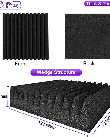 TroyStudio Thick Acoustic Foam Panels, 12 X 12 X 3 Inch 12 Pcs Broadband Sound Absorbing Foam, Dense Soundproof Padding Tile, Recording Studio Foam Absorber, Wedges Decorative 3D Wall Ceiling Panel