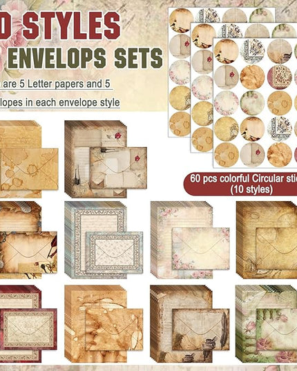 TaoBary 160 Pcs Stationery Paper Set 50 Double Sided Stationery Papers with 50 Matching Envelopes and 60 Round Dot Sticker, 10 Design(Lace Edged Scrapbook,5.5 x 8.25 Inch)