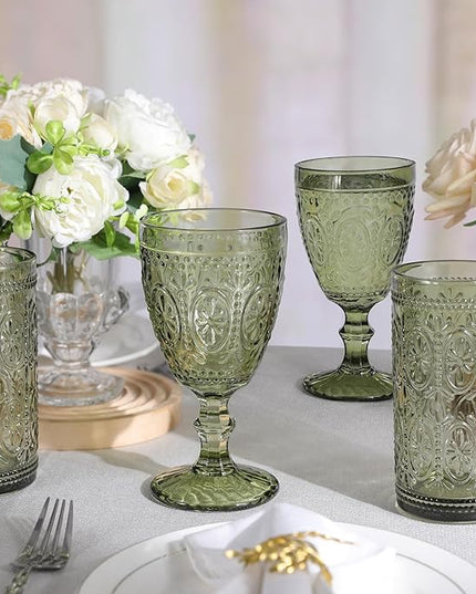 Green Drinking Glasses Set of 4, Vintage Drinking Glasses, Colored Glassware Drinking, Highball Beverage Glasses Cup, Vintage Glassware Set for Water, Juice, Cocktail, Coffee