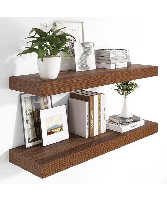 Heimlove 12 Inch Deep Floating Shelves, 48 x 12 inches Long Wall Shelf, Large Display Shelf & Storage Shelf, Rustic Wood Wall Shelves for Fireplace Mantel, Set of 2(Walnut)