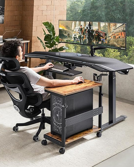 EUREKA ERGONOMIC PC Stand Computer Cart, Height Adjustable Tower Stand 2-Tier Suit for ATX Case Printer, Metal Rolling Cart on Wheels for Gaming Home Office, Antique Wood