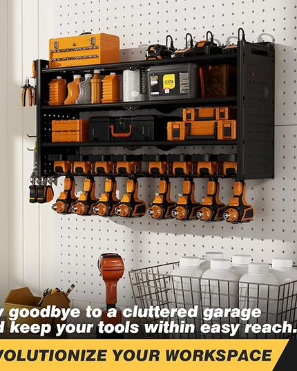 Power Tool Organizer Wall Mount with Charging Station, Heavy-Duty Metal Garage Tool Storage Rack & 8 Outlet Power Strip, 33 Inch Long 4 Tier Shelves for Workshop Organization