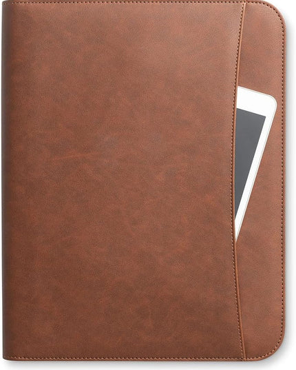 Forevermore Portfolios Padfolio Binder - Professional Faux Leather Travel Organizer Pouch for Tablet, Documents, Presentation Folders, Zipper Closure, Notepad - Brown